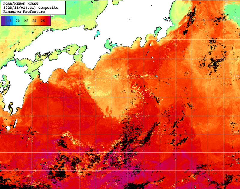 NOAA、MetOp 人工衛星画像 検索結果, 水温分布を図示
