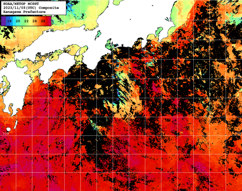 NOAA、MetOp 人工衛星画像 検索結果, 水温分布を図示