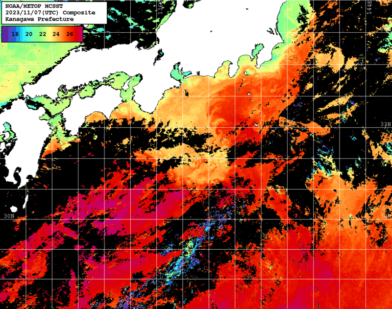 NOAA、MetOp 人工衛星画像 検索結果, 水温分布を図示