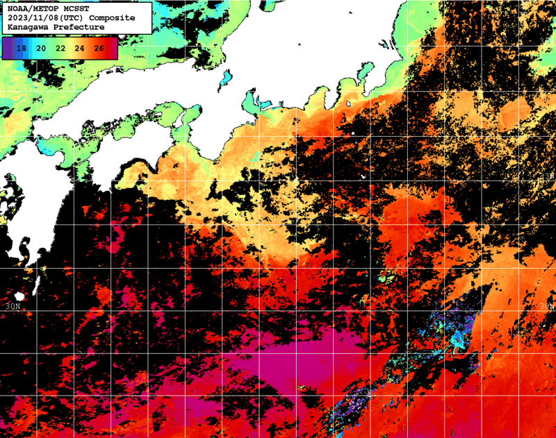 NOAA、MetOp 人工衛星画像 検索結果, 水温分布を図示
