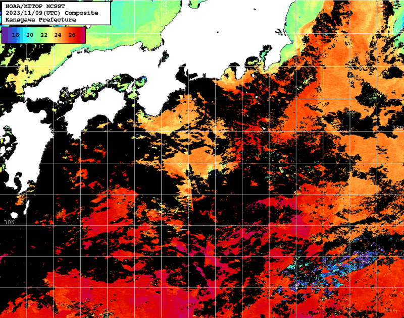 NOAA、MetOp 人工衛星画像 検索結果, 水温分布を図示