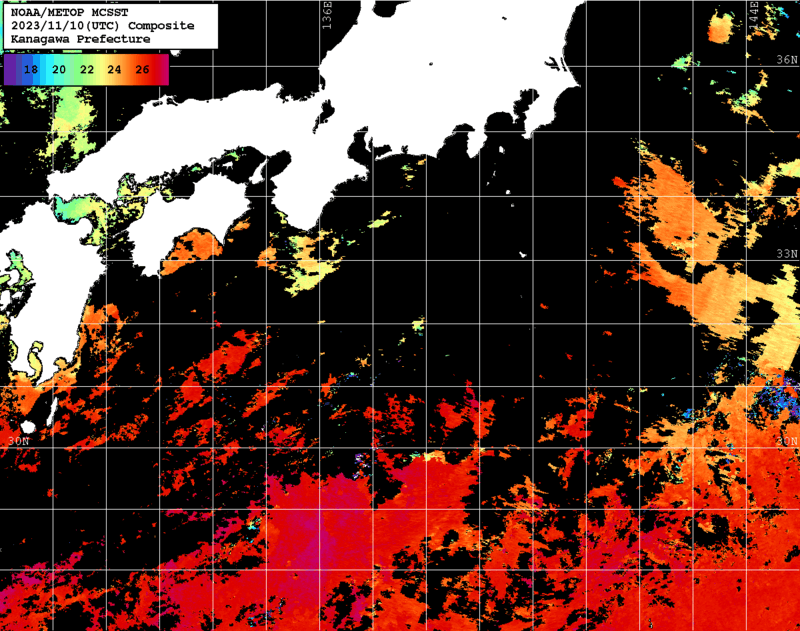 NOAA、MetOp 人工衛星画像 検索結果, 水温分布を図示