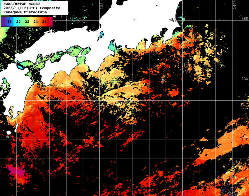 NOAA、MetOp 人工衛星画像 検索結果, 水温分布を図示