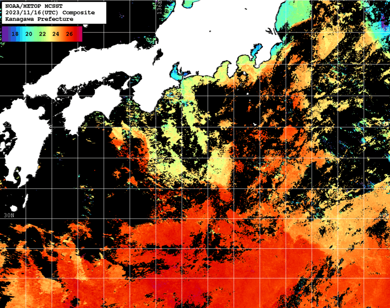 NOAA、MetOp 人工衛星画像 検索結果, 水温分布を図示
