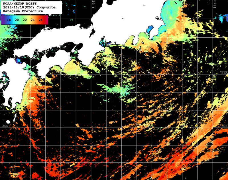 NOAA、MetOp 人工衛星画像 検索結果, 水温分布を図示