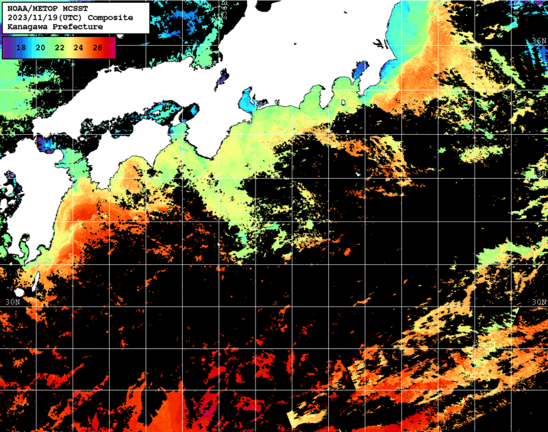 NOAA、MetOp 人工衛星画像 検索結果, 水温分布を図示