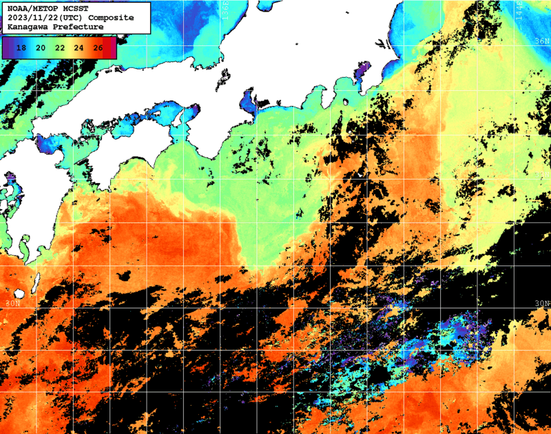 NOAA、MetOp 人工衛星画像 検索結果, 水温分布を図示