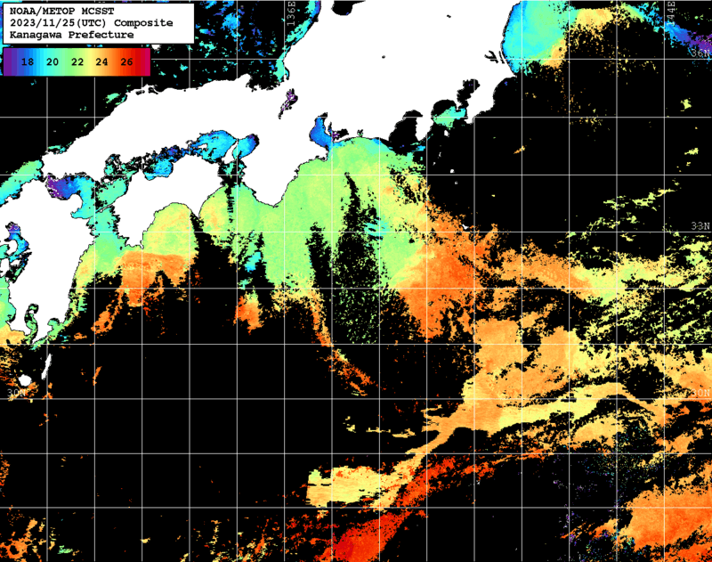 NOAA、MetOp 人工衛星画像 検索結果, 水温分布を図示