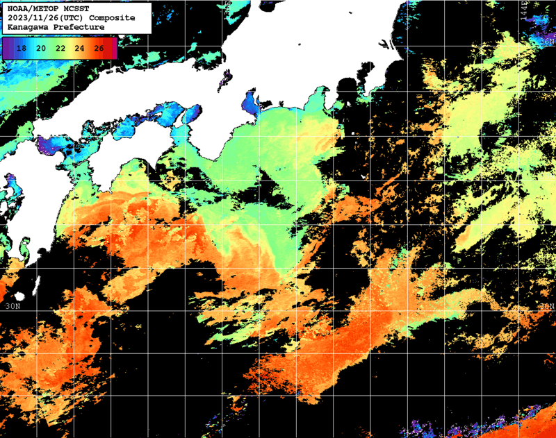 NOAA、MetOp 人工衛星画像 検索結果, 水温分布を図示