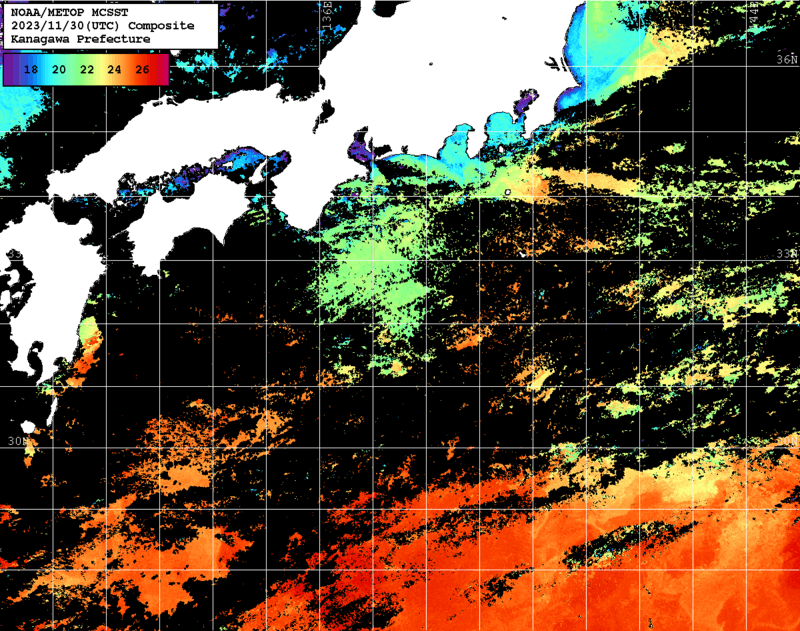 NOAA、MetOp 人工衛星画像 検索結果, 水温分布を図示