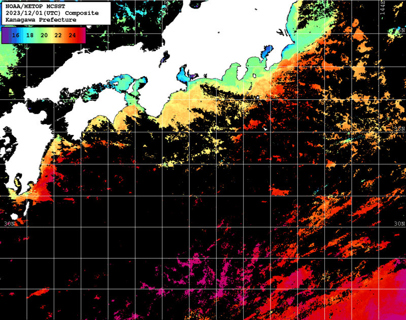 NOAA、MetOp 人工衛星画像 検索結果, 水温分布を図示