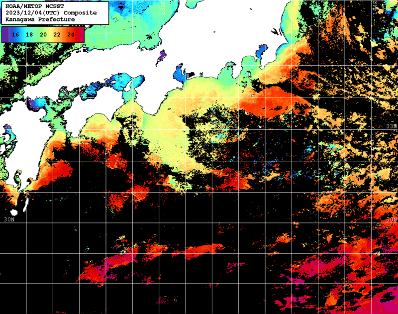 NOAA、MetOp 人工衛星画像 検索結果, 水温分布を図示
