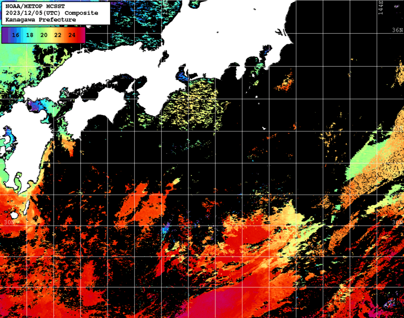 NOAA、MetOp 人工衛星画像 検索結果, 水温分布を図示