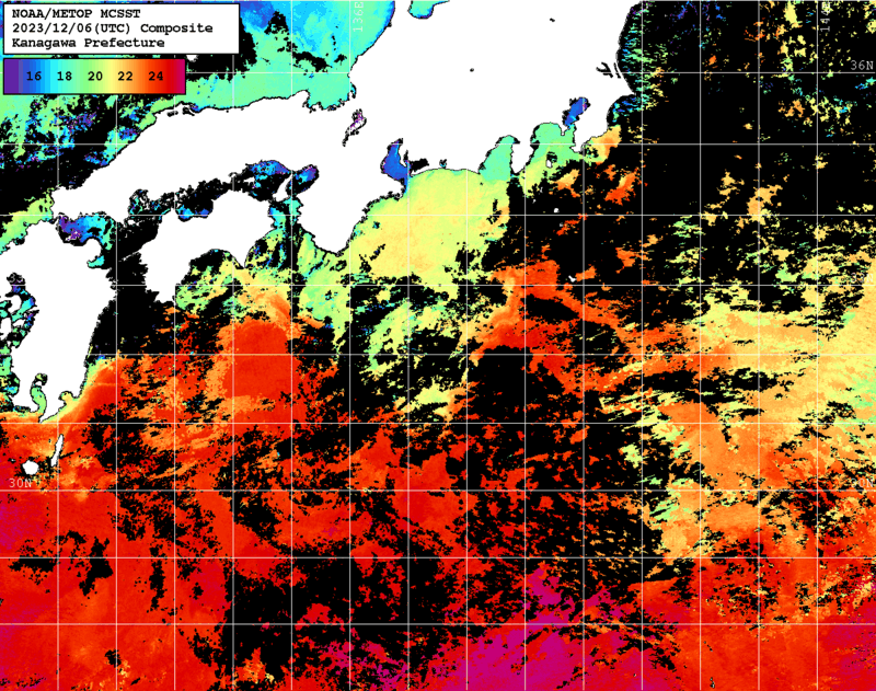 NOAA、MetOp 人工衛星画像 検索結果, 水温分布を図示