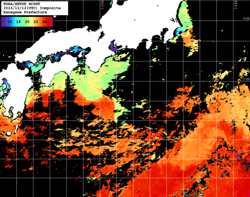 NOAA、MetOp 人工衛星画像 検索結果, 水温分布を図示