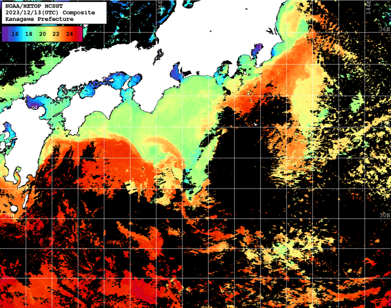 NOAA、MetOp 人工衛星画像 検索結果, 水温分布を図示