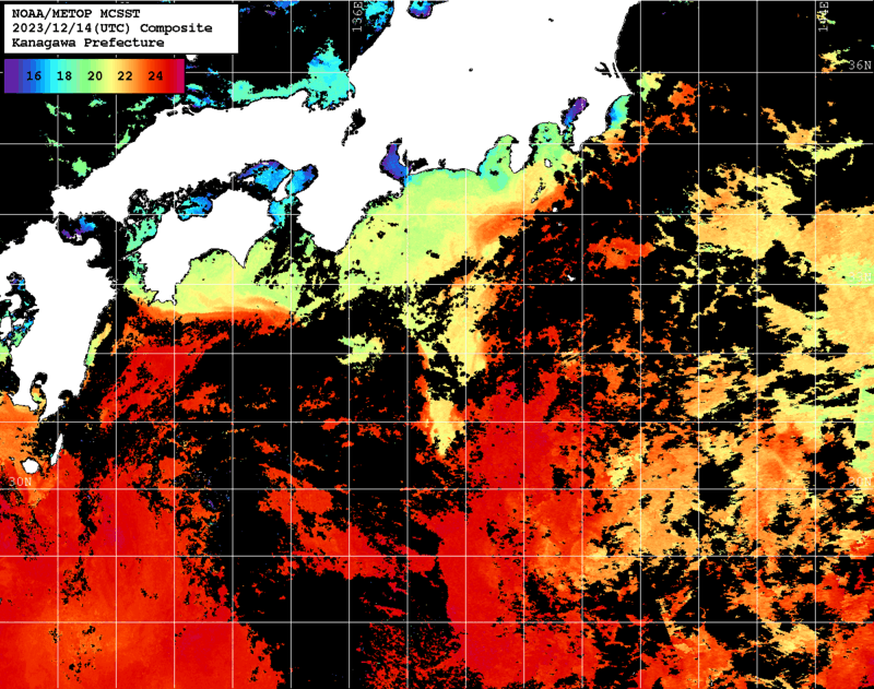 NOAA、MetOp 人工衛星画像 検索結果, 水温分布を図示
