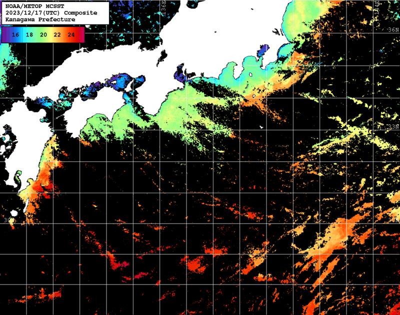NOAA、MetOp 人工衛星画像 検索結果, 水温分布を図示