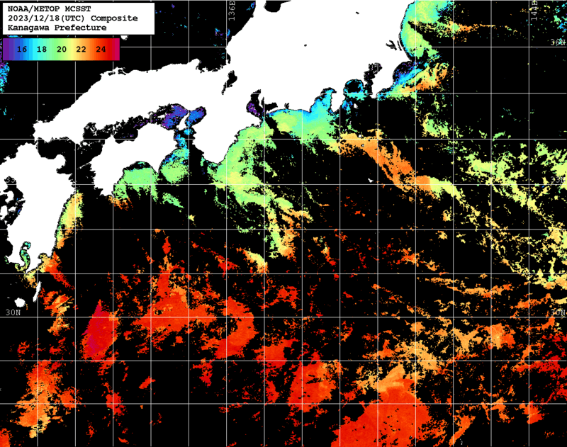 NOAA、MetOp 人工衛星画像 検索結果, 水温分布を図示