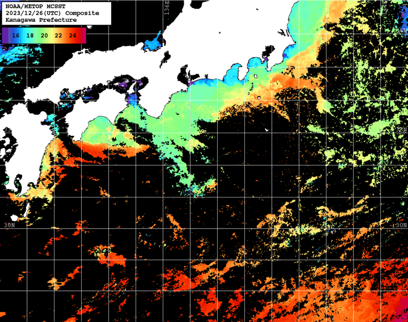 NOAA、MetOp 人工衛星画像 検索結果, 水温分布を図示