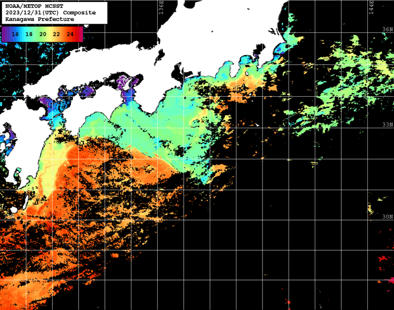 NOAA、MetOp 人工衛星画像 検索結果, 水温分布を図示