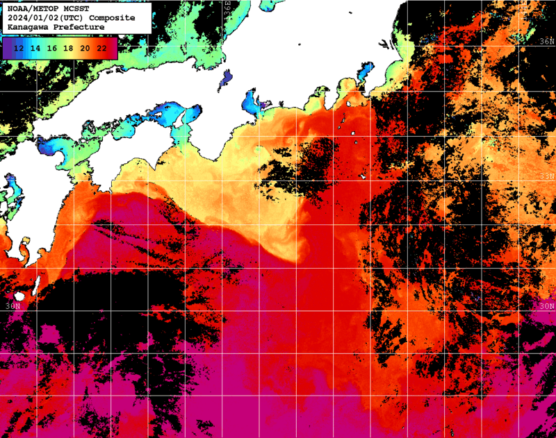 NOAA、MetOp 人工衛星画像 検索結果, 水温分布を図示