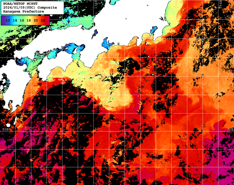 NOAA、MetOp 人工衛星画像 検索結果, 水温分布を図示