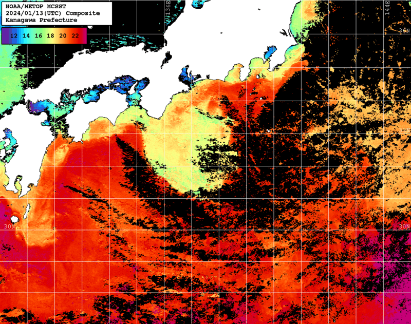 NOAA、MetOp 人工衛星画像 検索結果, 水温分布を図示