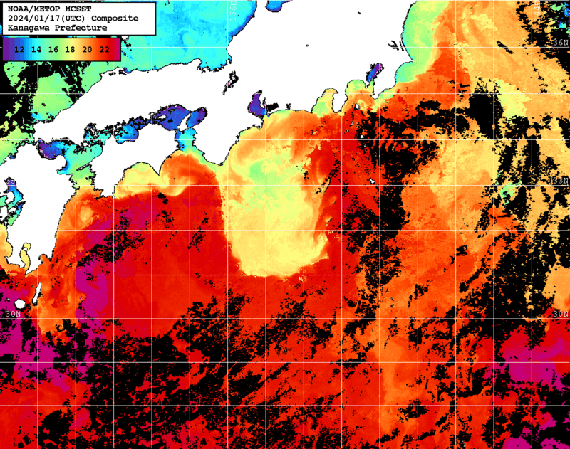 NOAA、MetOp 人工衛星画像 検索結果, 水温分布を図示