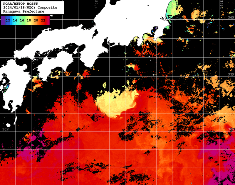 NOAA、MetOp 人工衛星画像 検索結果, 水温分布を図示