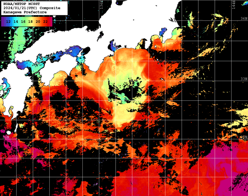 NOAA、MetOp 人工衛星画像 検索結果, 水温分布を図示