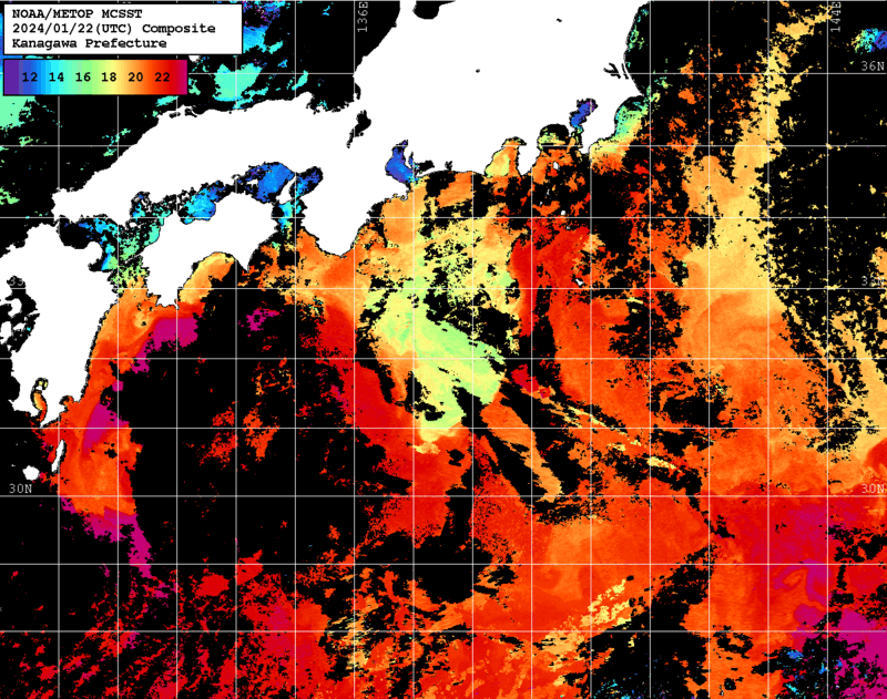 NOAA、MetOp 人工衛星画像 検索結果, 水温分布を図示