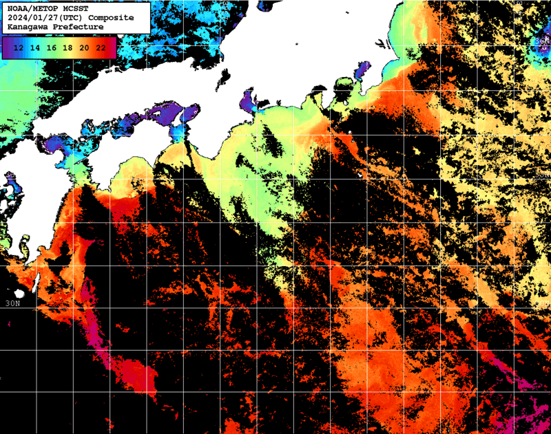 NOAA、MetOp 人工衛星画像 検索結果, 水温分布を図示