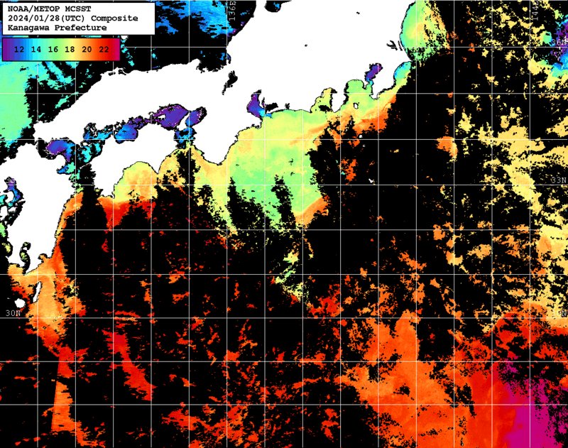 NOAA、MetOp 人工衛星画像 検索結果, 水温分布を図示