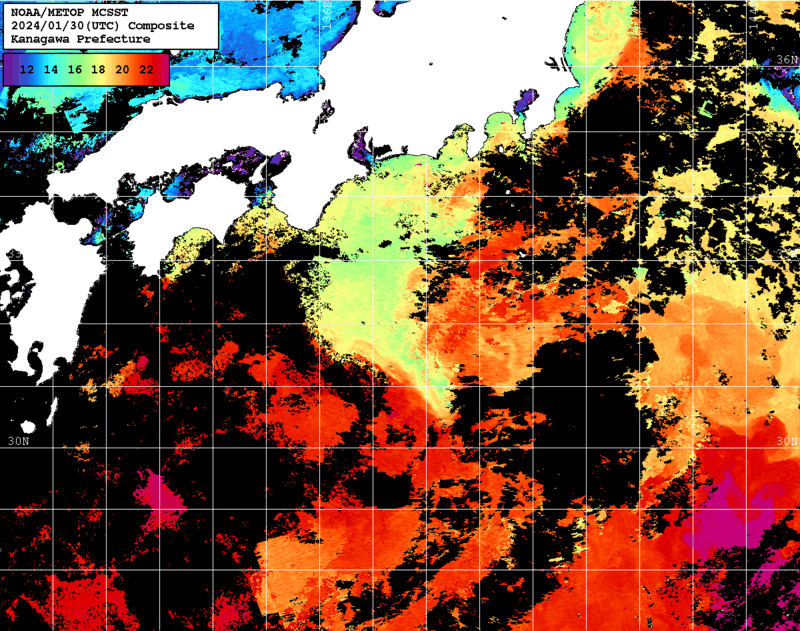 NOAA、MetOp 人工衛星画像 検索結果, 水温分布を図示