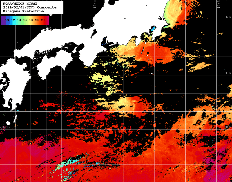 NOAA、MetOp 人工衛星画像 検索結果, 水温分布を図示