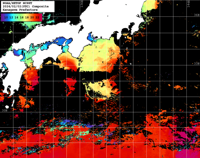 NOAA、MetOp 人工衛星画像 検索結果, 水温分布を図示