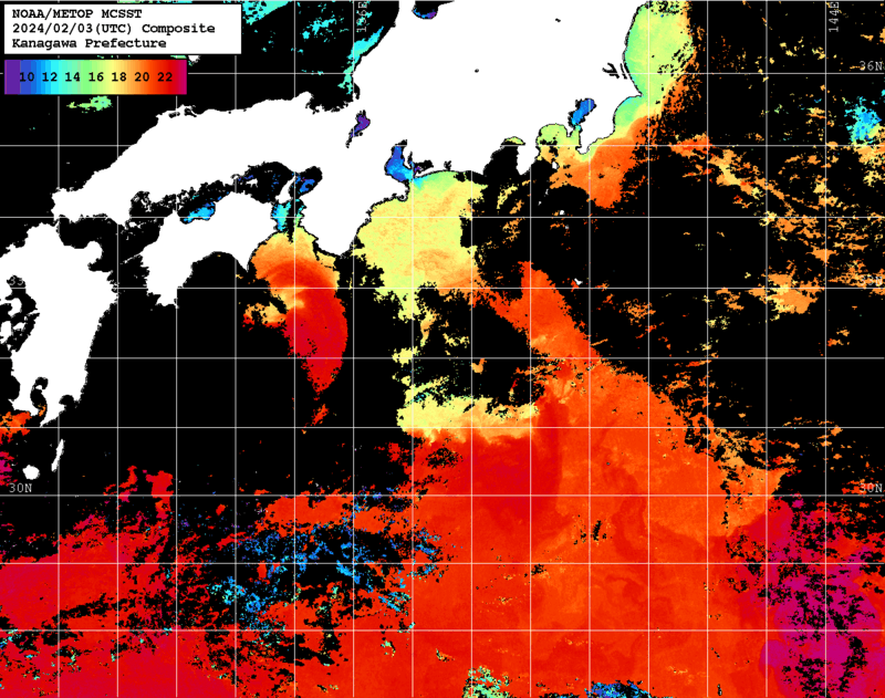 NOAA、MetOp 人工衛星画像 検索結果, 水温分布を図示