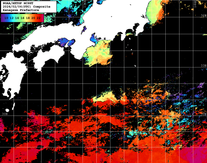NOAA、MetOp 人工衛星画像 検索結果, 水温分布を図示