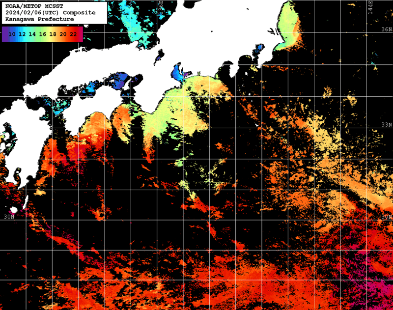 NOAA、MetOp 人工衛星画像 検索結果, 水温分布を図示