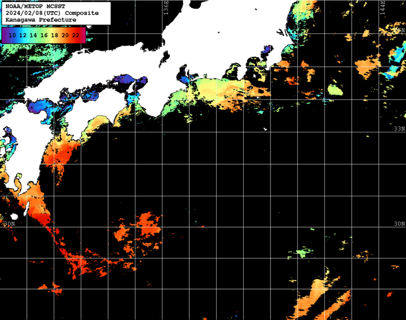 NOAA、MetOp 人工衛星画像 検索結果, 水温分布を図示