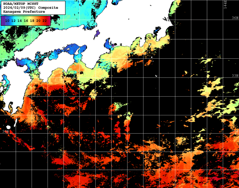 NOAA、MetOp 人工衛星画像 検索結果, 水温分布を図示