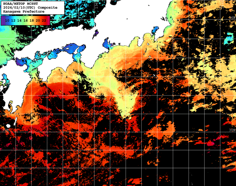 NOAA、MetOp 人工衛星画像 検索結果, 水温分布を図示