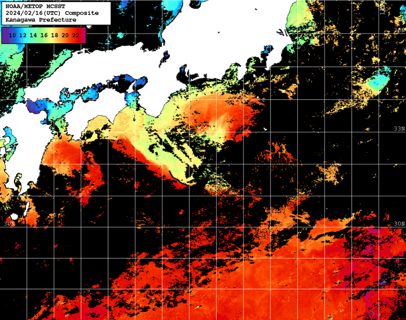 NOAA、MetOp 人工衛星画像 検索結果, 水温分布を図示