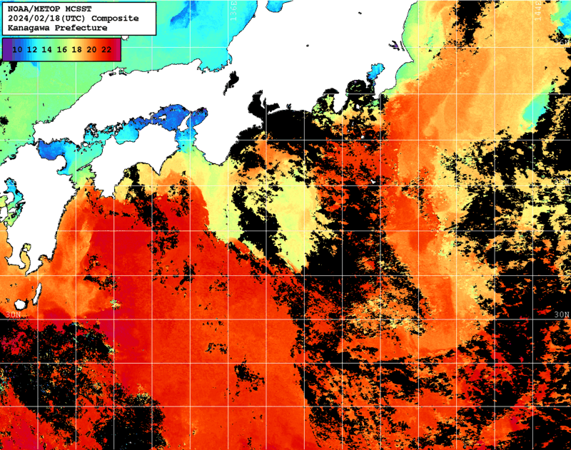 NOAA、MetOp 人工衛星画像 検索結果, 水温分布を図示