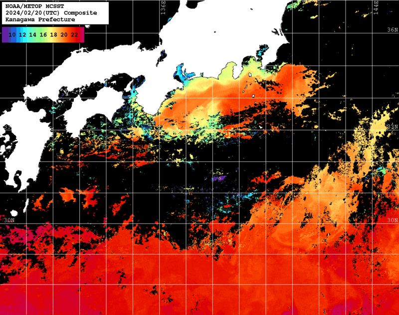 NOAA、MetOp 人工衛星画像 検索結果, 水温分布を図示
