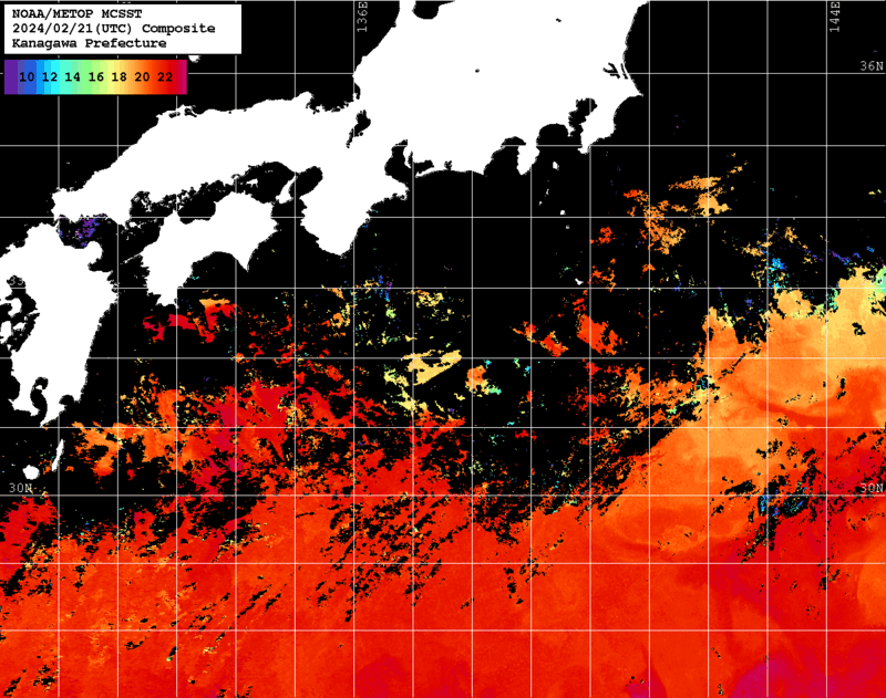 NOAA、MetOp 人工衛星画像 検索結果, 水温分布を図示