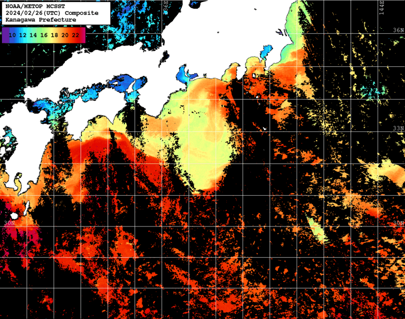 NOAA、MetOp 人工衛星画像 検索結果, 水温分布を図示