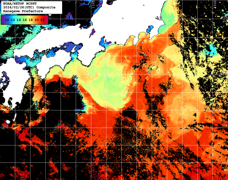 NOAA、MetOp 人工衛星画像 検索結果, 水温分布を図示