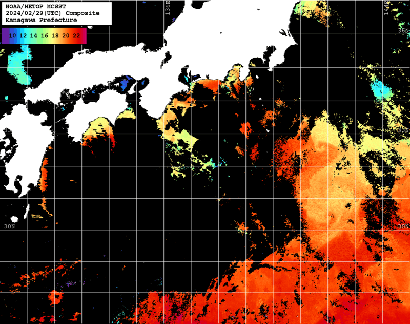 NOAA、MetOp 人工衛星画像 検索結果, 水温分布を図示